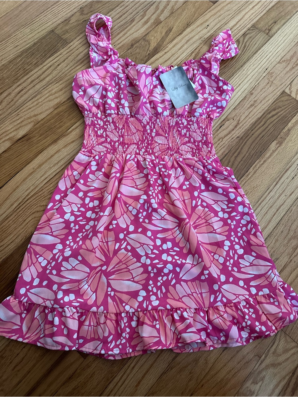 Girls' Pink Floral Smocked Sundress with Ruffle Trim - Picture 2 of 2